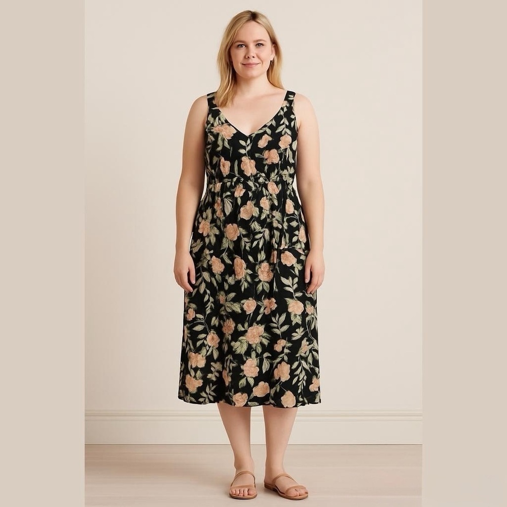 Grace Karin Black Floral Tie Back Midi Dress Size 2X NWOT